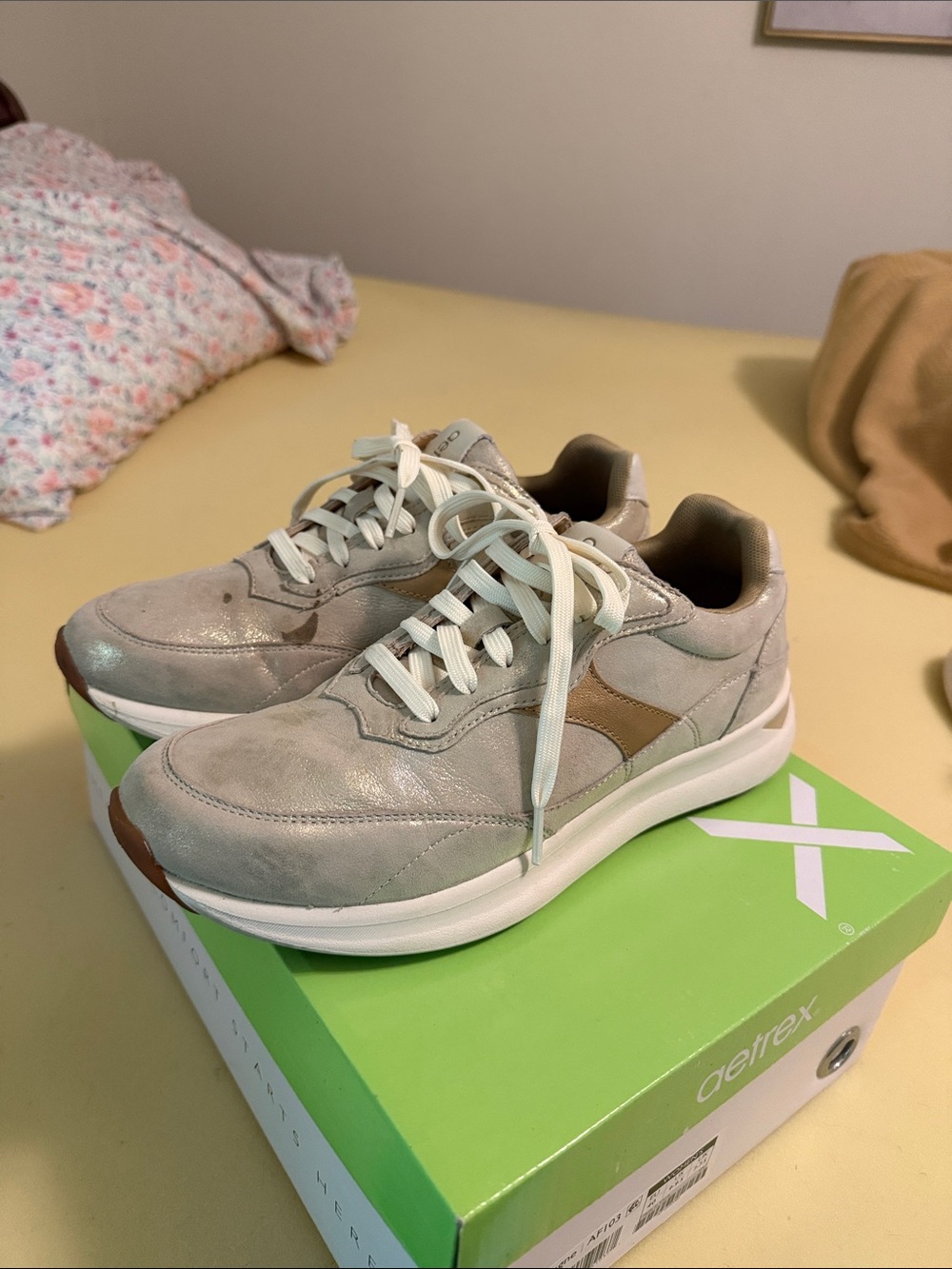 Aetrex Taupe and Tan Casual Leather Sneakers